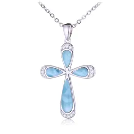 Sterling Silver Cross with Larimar Inlay CZ Pendant (Chain Sold Separately)