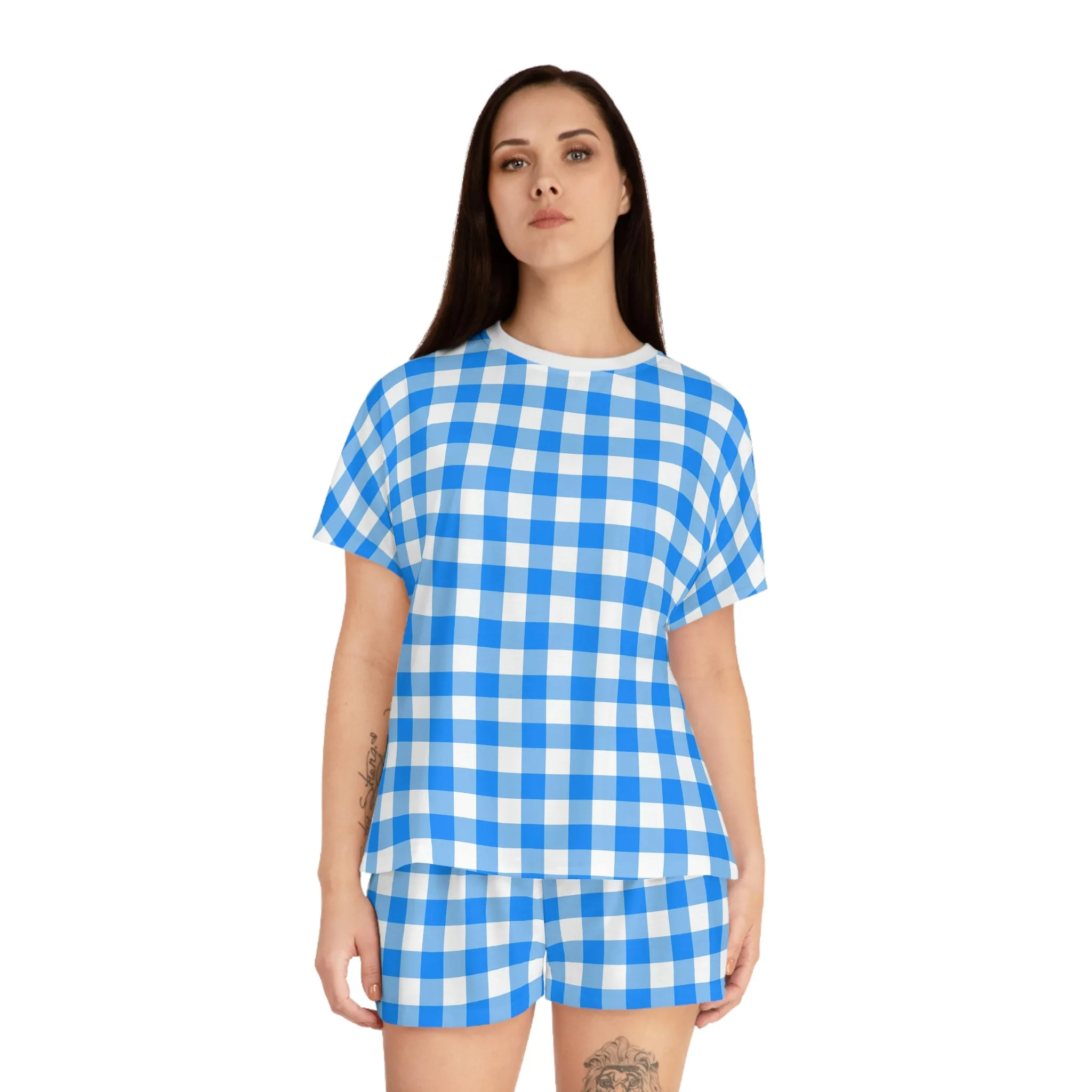 TGIF Sleepover PJs in Beyond Blue Gingham Tee & Pajama Shorts-Set | Pinup Couture Relaxed