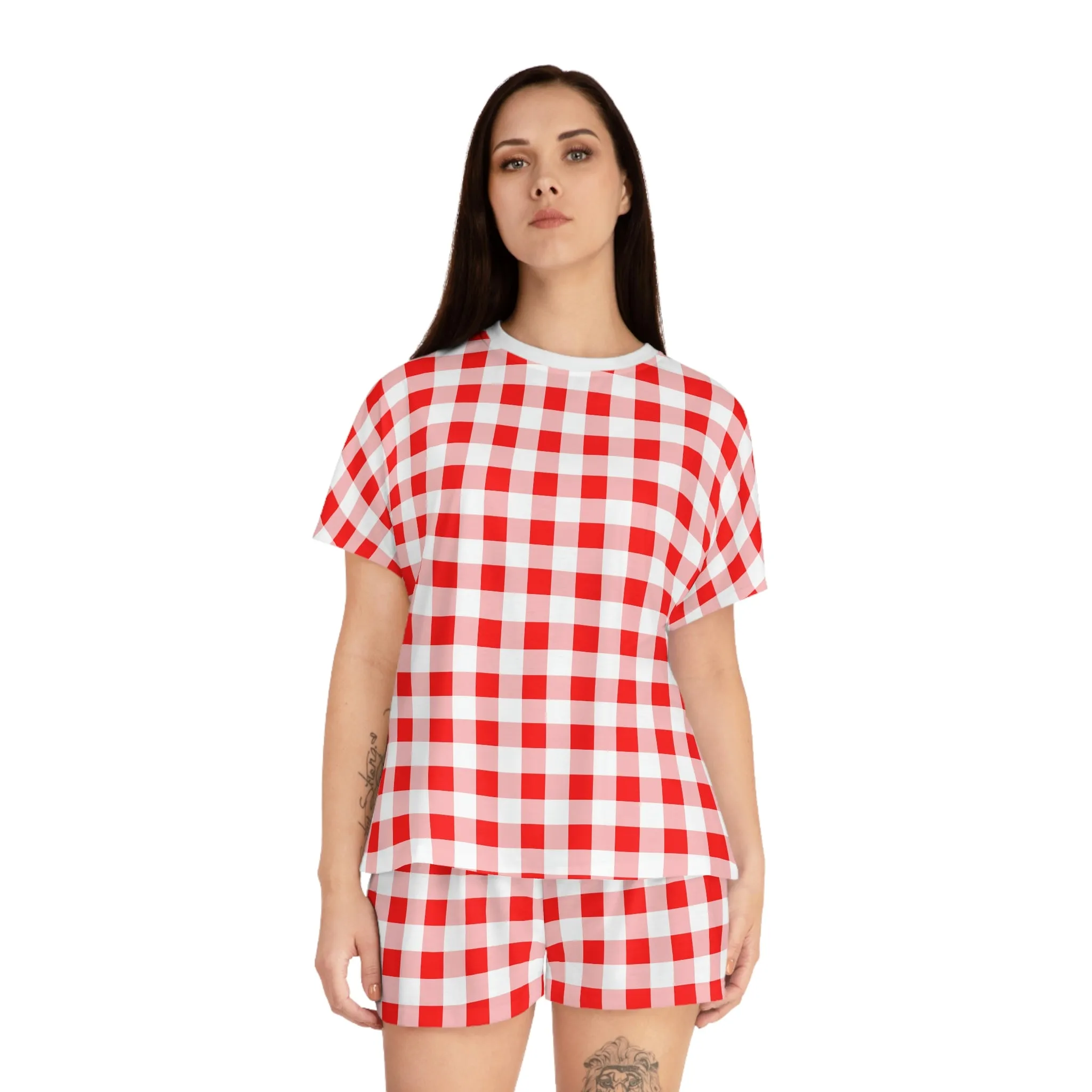 TGIF Sleepover PJs in Ruby Red Gingham Tee & Pajama Shorts-Set | Pinup Couture Relaxed