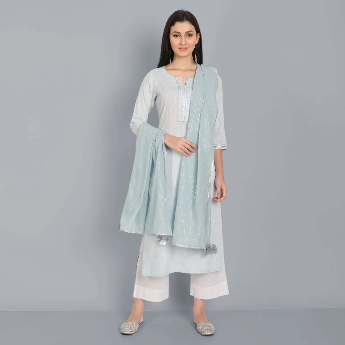 The Light Blue Lurex Kurta with Dupatta - Set of 3