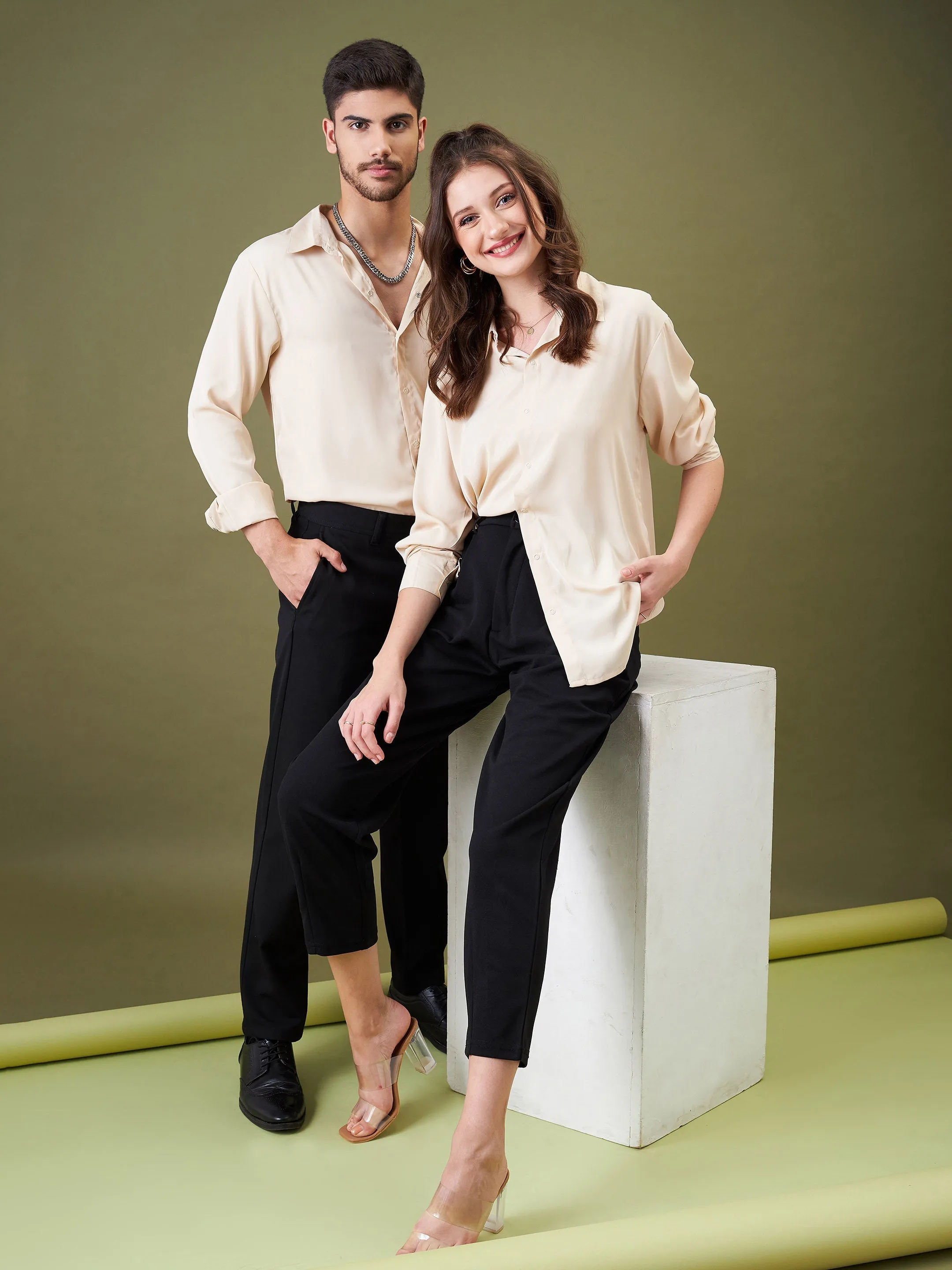 Unisex Beige Satin Relax Fit Shirt