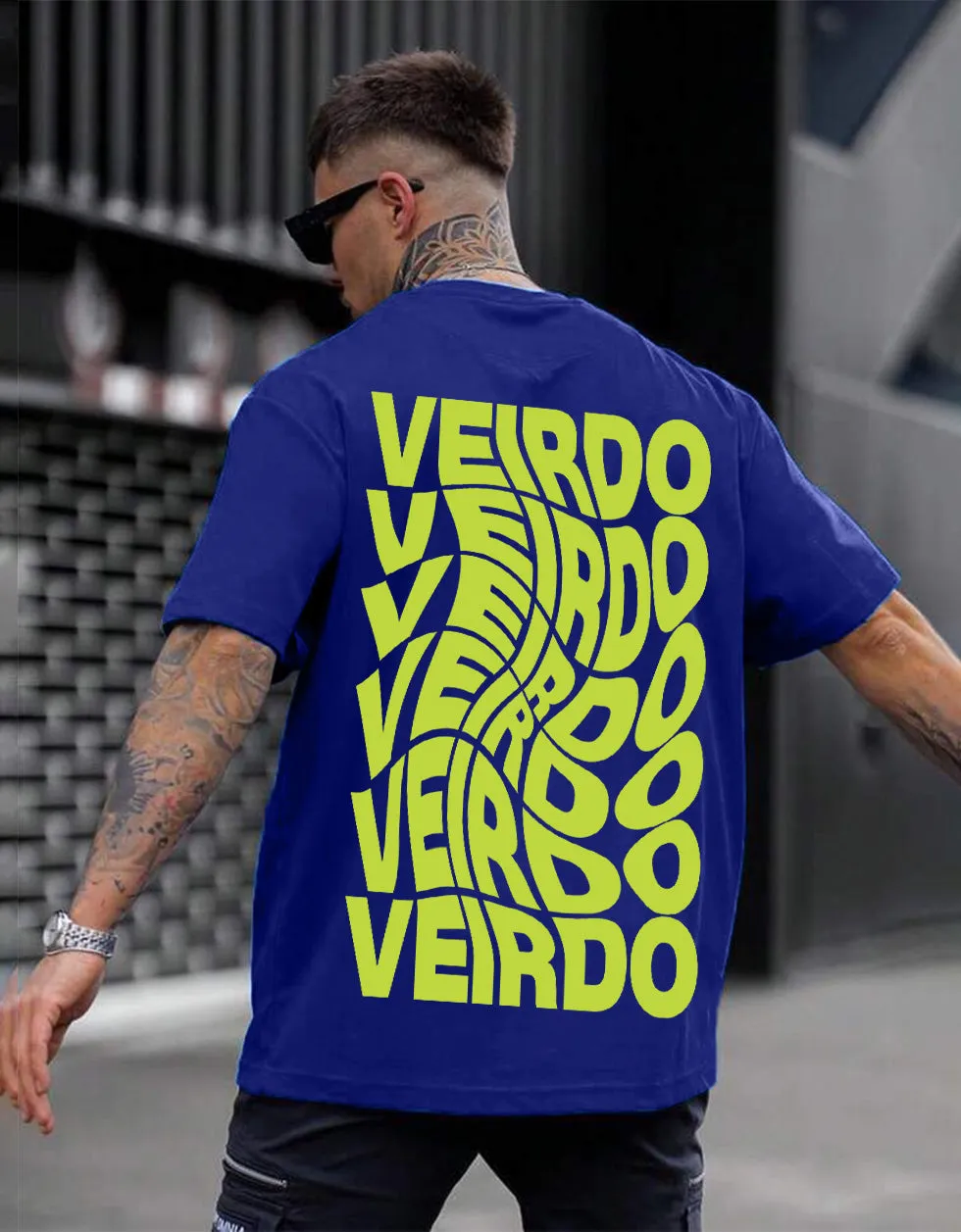 Veirdo Blue Oversized Back Graphic Printed Tshirt