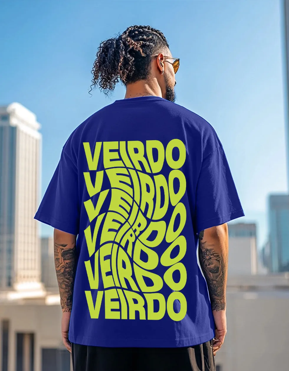 Veirdo Blue Oversized Back Graphic Printed Tshirt