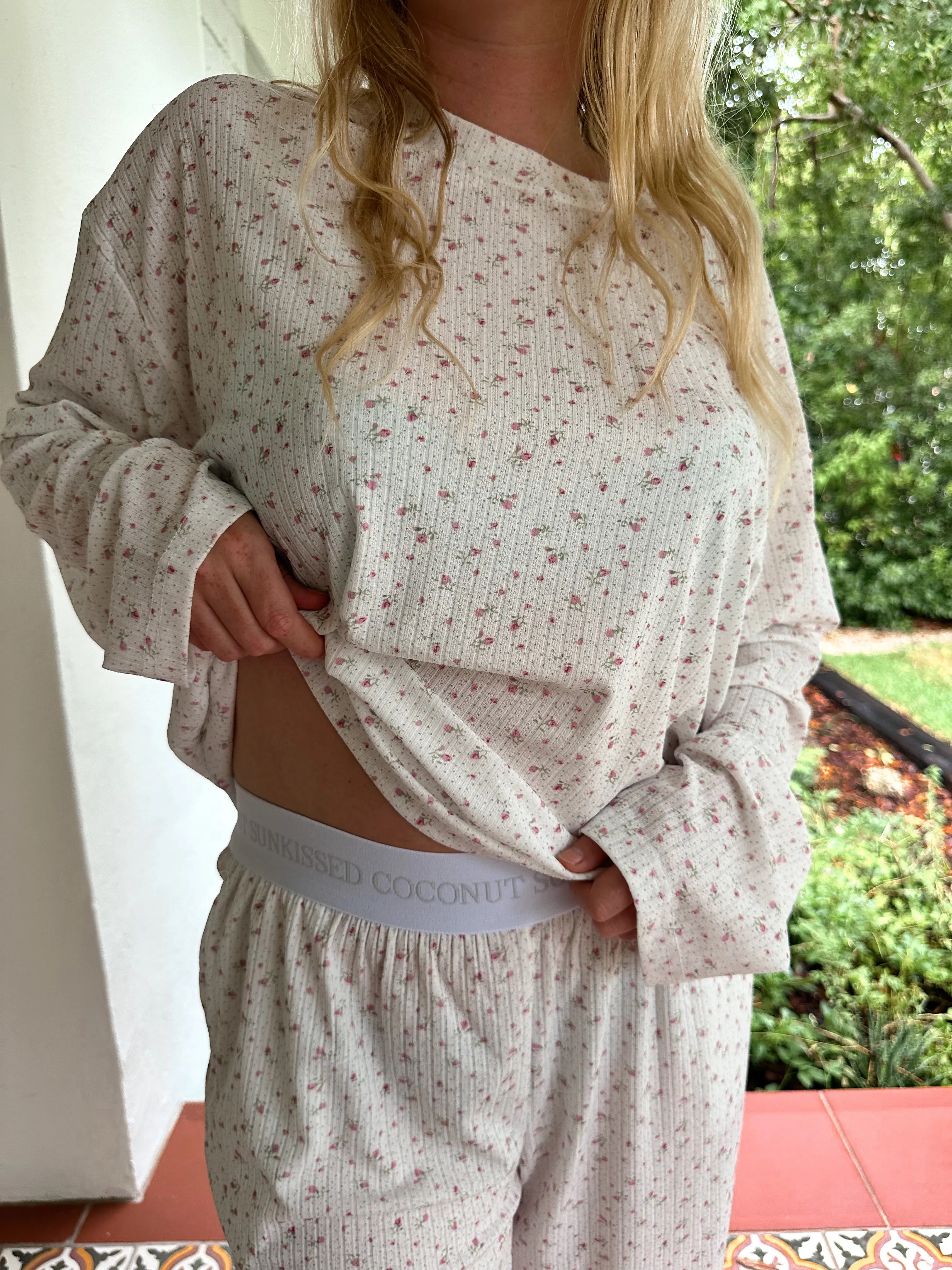 White Floral Long Sleeve Pajama Top