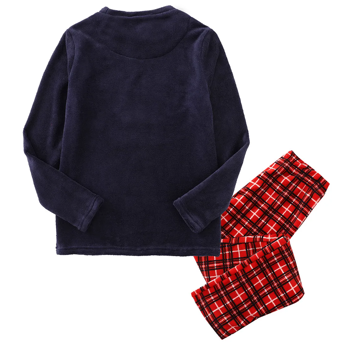 Women Long Sleeve Coral Fleece Christmas Navy/Aop Checked Pajamas Set