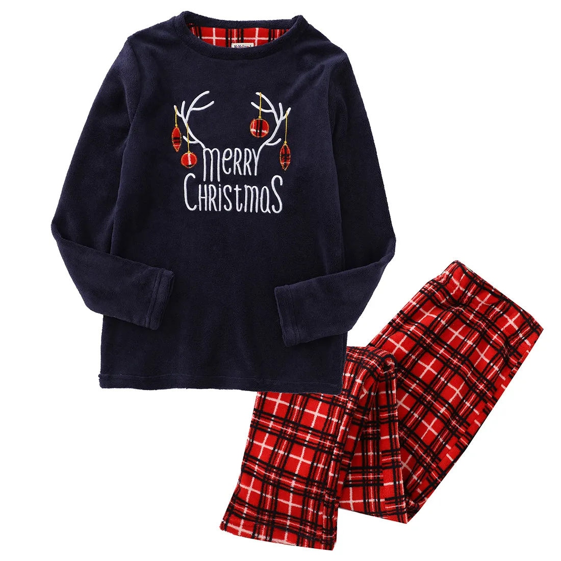 Women Long Sleeve Coral Fleece Christmas Navy/Aop Checked Pajamas Set