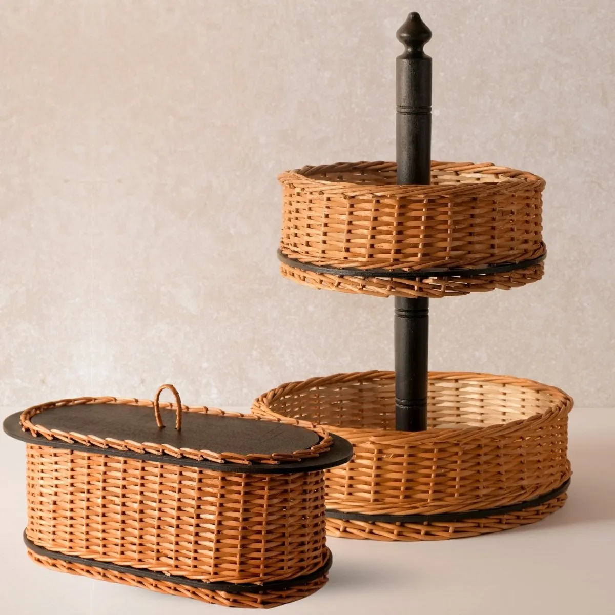 Wooden Bread Box & 2 Tier Collapsable Fruit Basket Handcrafted In Willow Wicker & Wood | Handmade In India