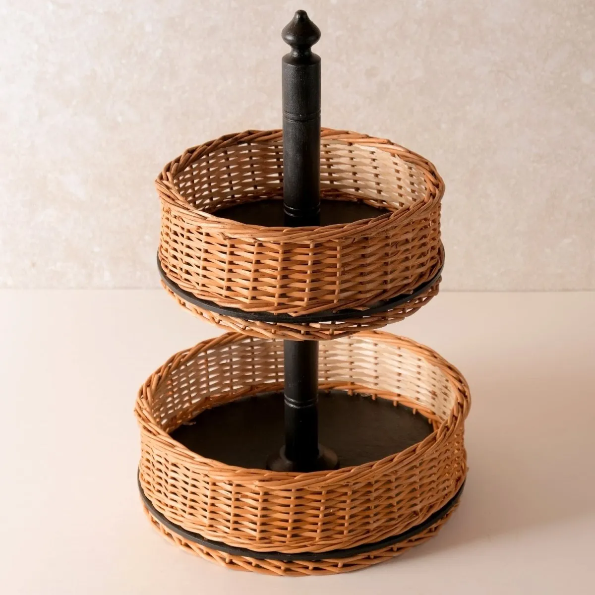 Wooden Bread Box & 2 Tier Collapsable Fruit Basket Handcrafted In Willow Wicker & Wood | Handmade In India