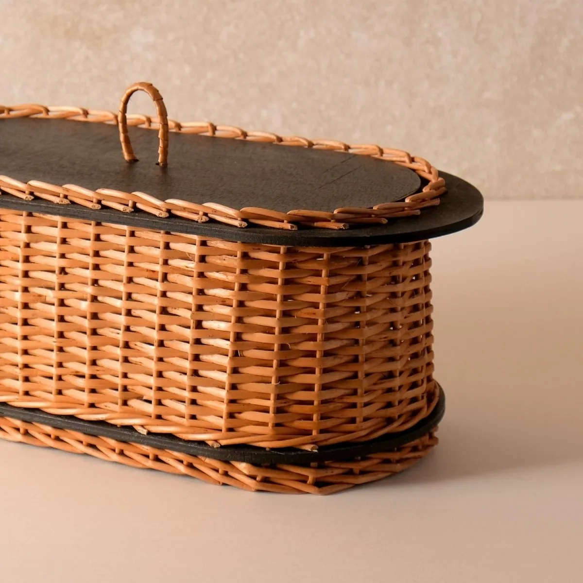 Wooden Bread Box & 2 Tier Collapsable Fruit Basket Handcrafted In Willow Wicker & Wood | Handmade In India