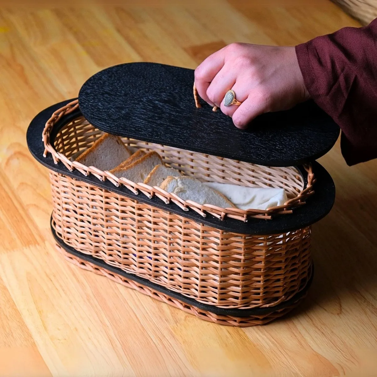 Wooden Bread Box & 2 Tier Collapsable Fruit Basket Handcrafted In Willow Wicker & Wood | Handmade In India