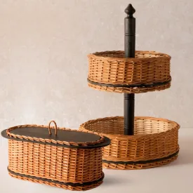 Wooden Bread Box & 2 Tier Collapsable Fruit Basket Handcrafted In Willow Wicker & Wood | Handmade In India