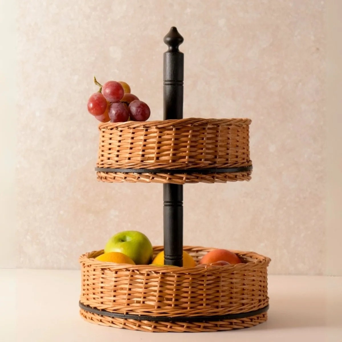 Wooden Bread Box & 2 Tier Collapsable Fruit Basket Handcrafted In Willow Wicker & Wood | Handmade In India