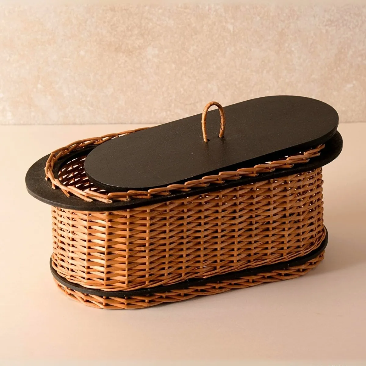 Wooden Bread Box & 2 Tier Collapsable Fruit Basket Handcrafted In Willow Wicker & Wood | Handmade In India